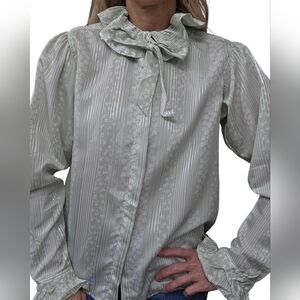 Vintage 1970s Silk Tie Neck Blouse Pastel Green Union Made Womens 8